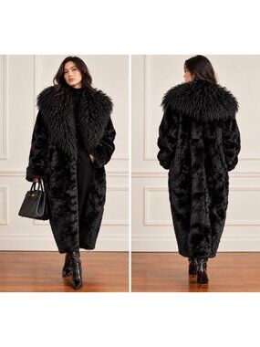 Carole Little Women's Vintage Rabbit Fur Coat Mongolian Lamb Collar Black M